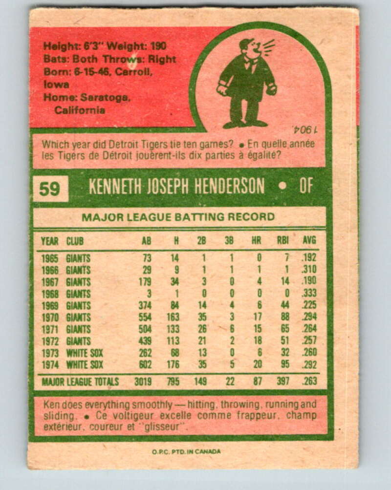 1975 O-Pee-Chee MLB #59 Ken Henderson  Chicago White Sox  V10566