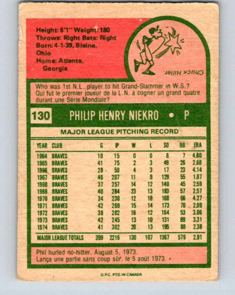 1975 O-Pee-Chee MLB #130 Phil Niekro  Atlanta Braves  V10577