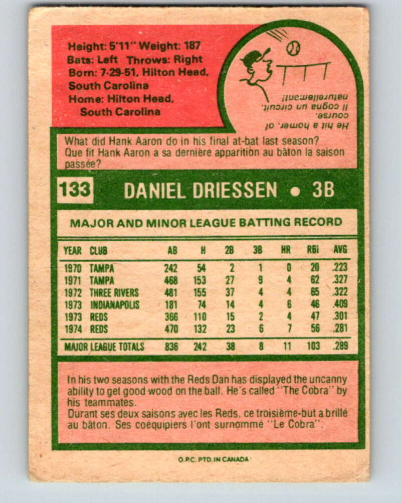 1975 O-Pee-Chee MLB #133 Dan Driessen  Cincinnati Reds  V10579