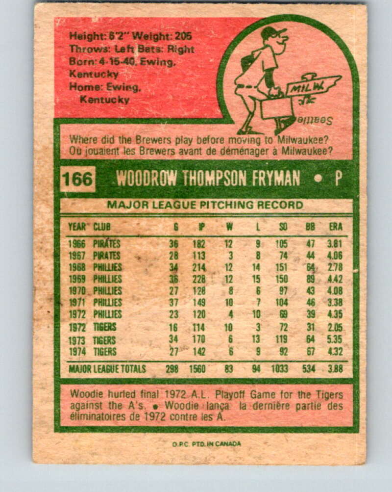 1975 O-Pee-Chee MLB #166 Woodie Fryman  Detroit Tigers  V10587