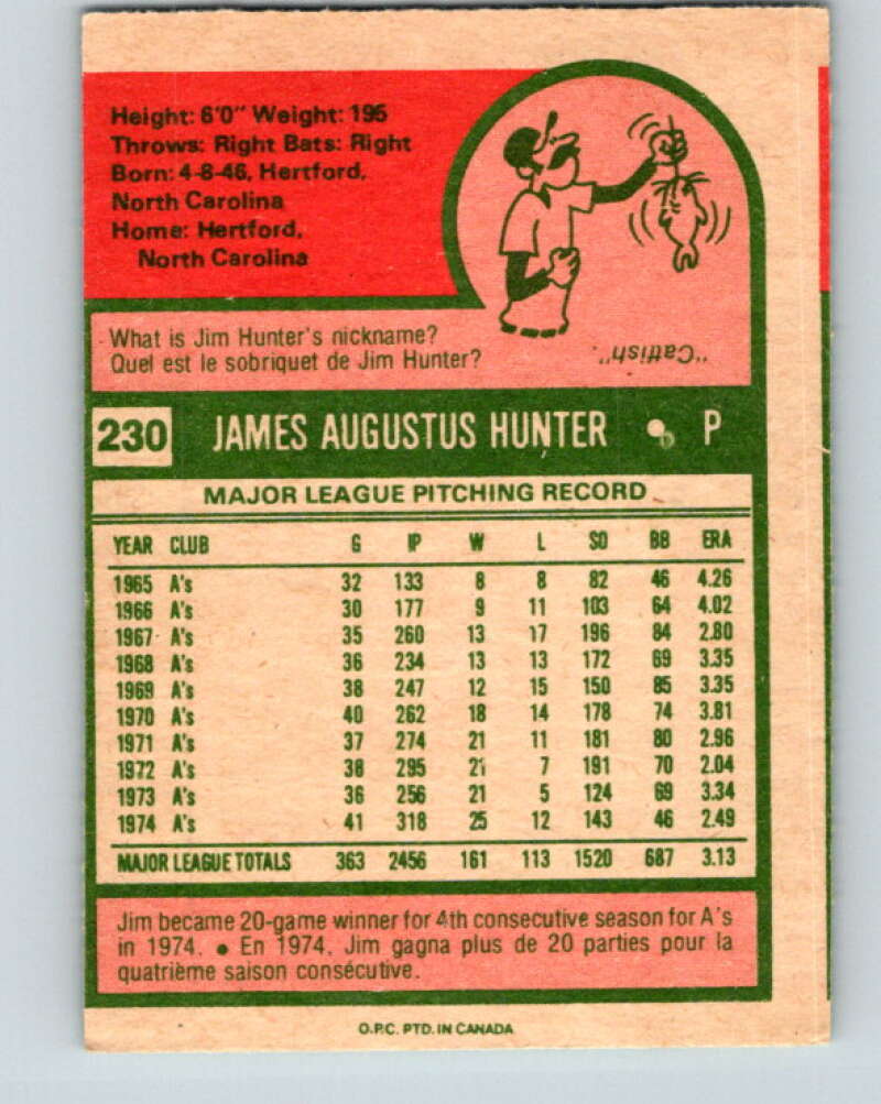 1975 O-Pee-Chee MLB #230 Jim Hunter  Oakland Athletics  V10597