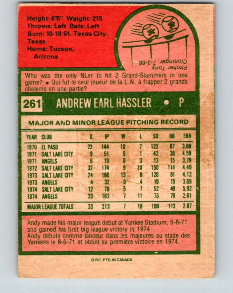 1975 O-Pee-Chee MLB #261 Andy Hassler  California Angels  V10602