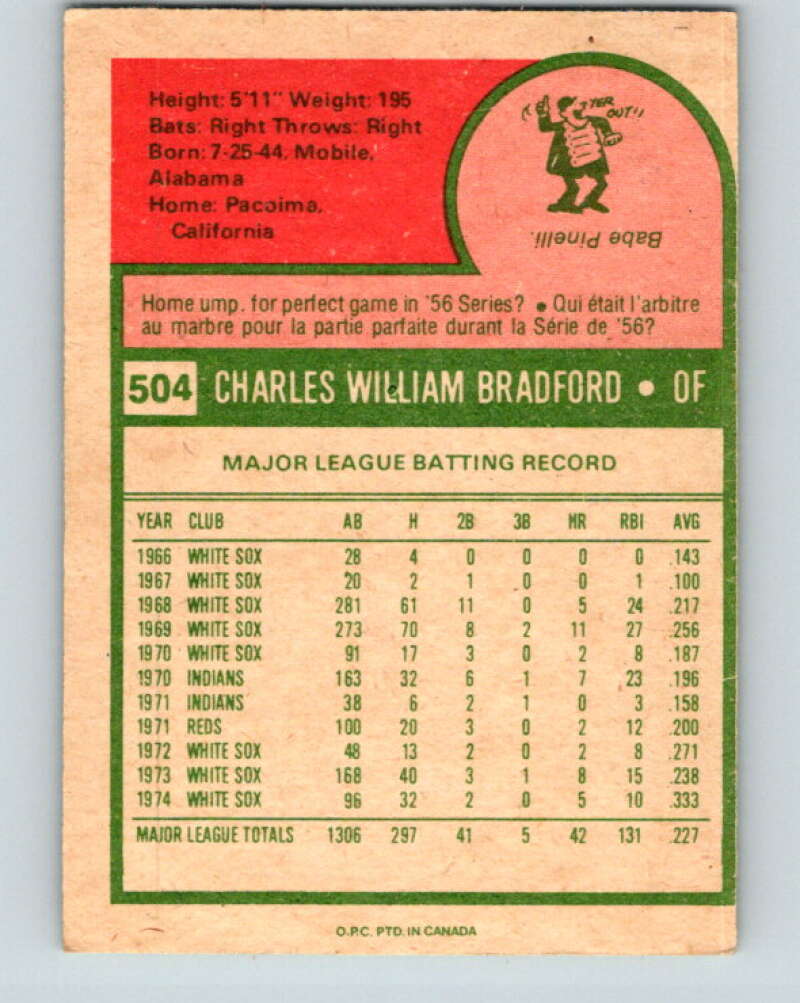 1975 O-Pee-Chee MLB #504 Buddy Bradford  Chicago White Sox  V10635