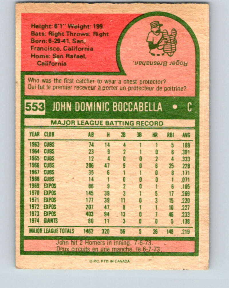 1975 O-Pee-Chee MLB #553 John Boccabella  San Francisco Giants  V10644