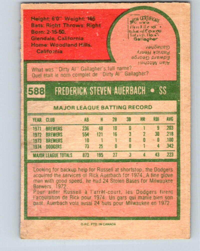 1975 O-Pee-Chee MLB #588 Rick Auerbach  Los Angeles Dodgers  V10650