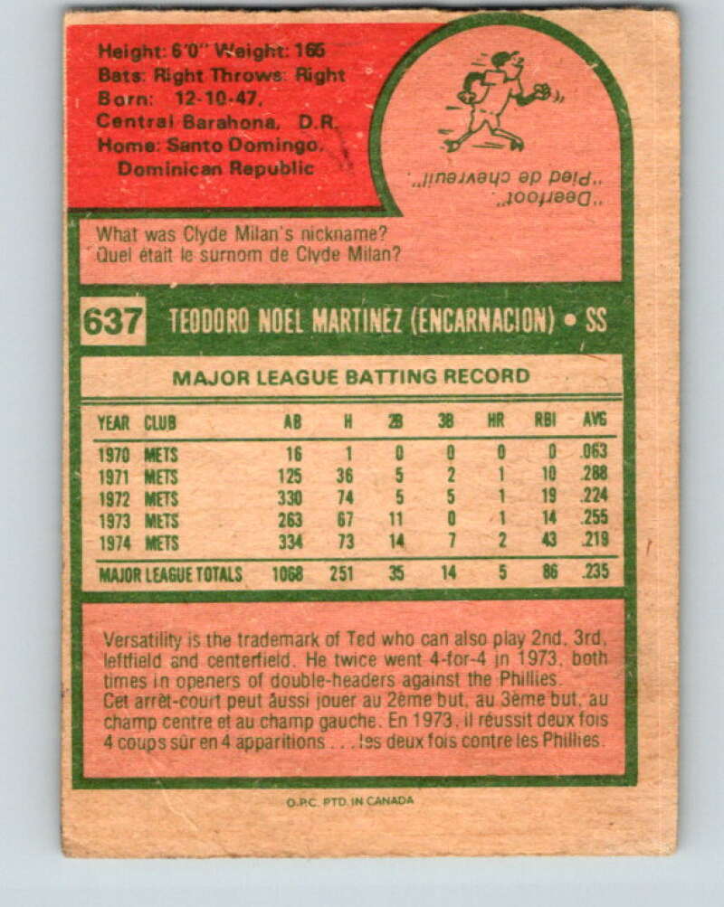 1975 O-Pee-Chee MLB #637 Ted Martinez  New York Mets  V10659