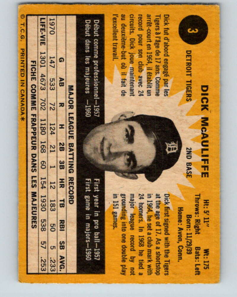 1971 O-Pee-Chee MLB #3 Dick McAuliffe� Detroit Tigers� V10679