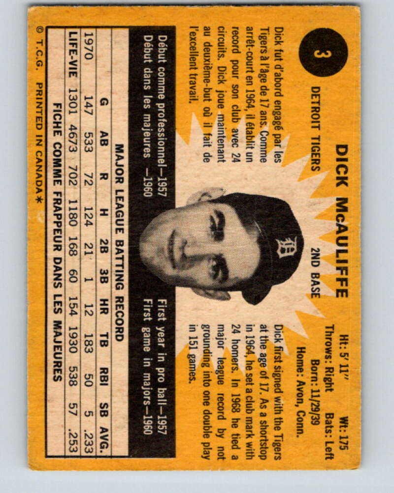 1971 O-Pee-Chee MLB #3 Dick McAuliffe� Detroit Tigers� V10680