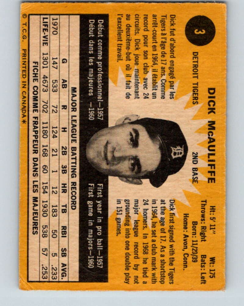 1971 O-Pee-Chee MLB #3 Dick McAuliffe� Detroit Tigers� V10681