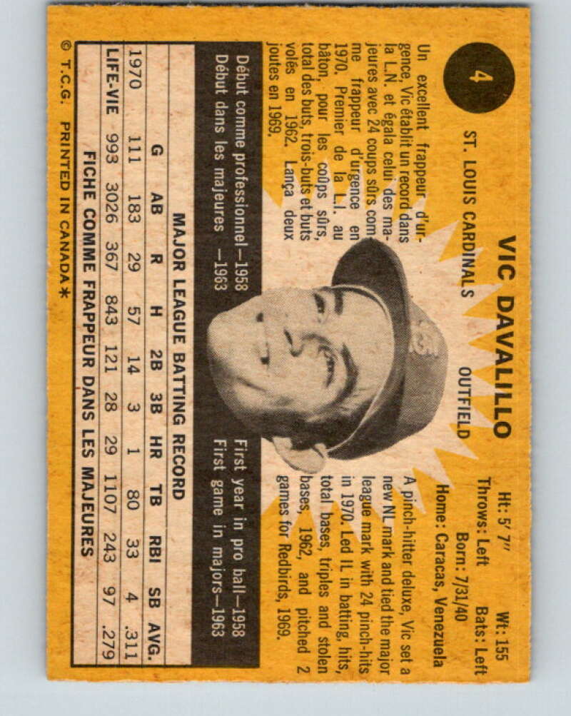 1971 O-Pee-Chee MLB #4 Vic Davalillo� St. Louis Cardinals� V10682