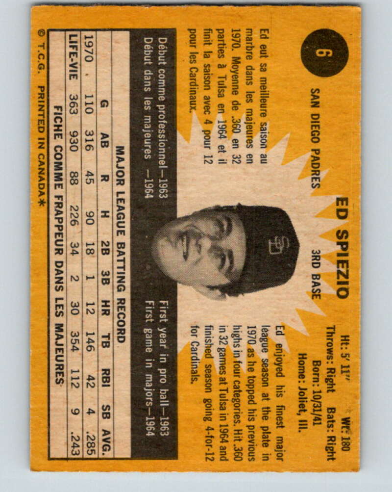 1971 O-Pee-Chee MLB #6 Ed Spiezio� San Diego Padres� V10685