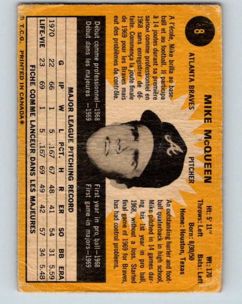 1971 O-Pee-Chee MLB #8 Mike McQueen� Atlanta Braves� V10687
