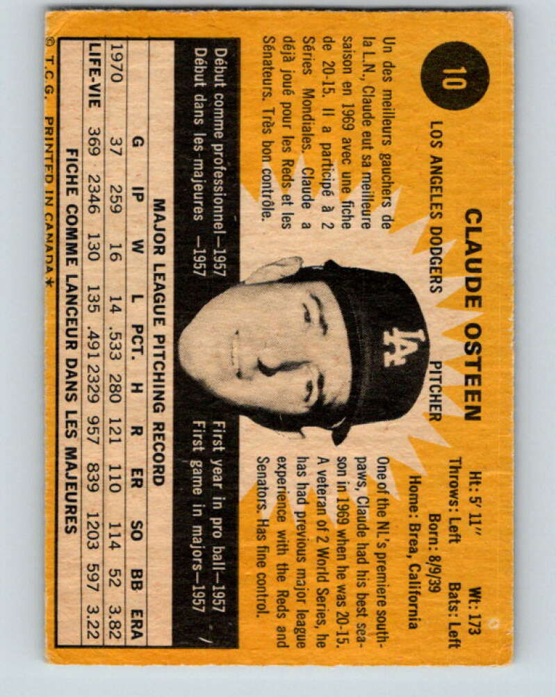 1971 O-Pee-Chee MLB #10 Claude Osteen� Los Angeles Dodgers� V10694