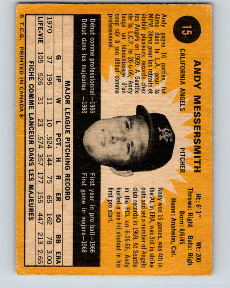 1971 O-Pee-Chee MLB #15 Andy Messersmith� California Angels� V10698