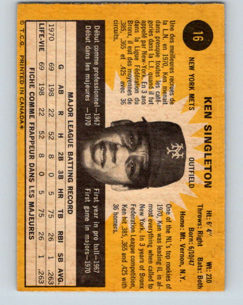 1971 O-Pee-Chee MLB #16 Ken Singleton� RC Rookie New York Mets� V10699