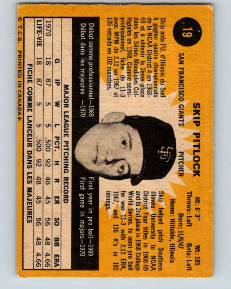 1971 O-Pee-Chee MLB #19 Skip Pitlock� RC Rookie Giants� V10703