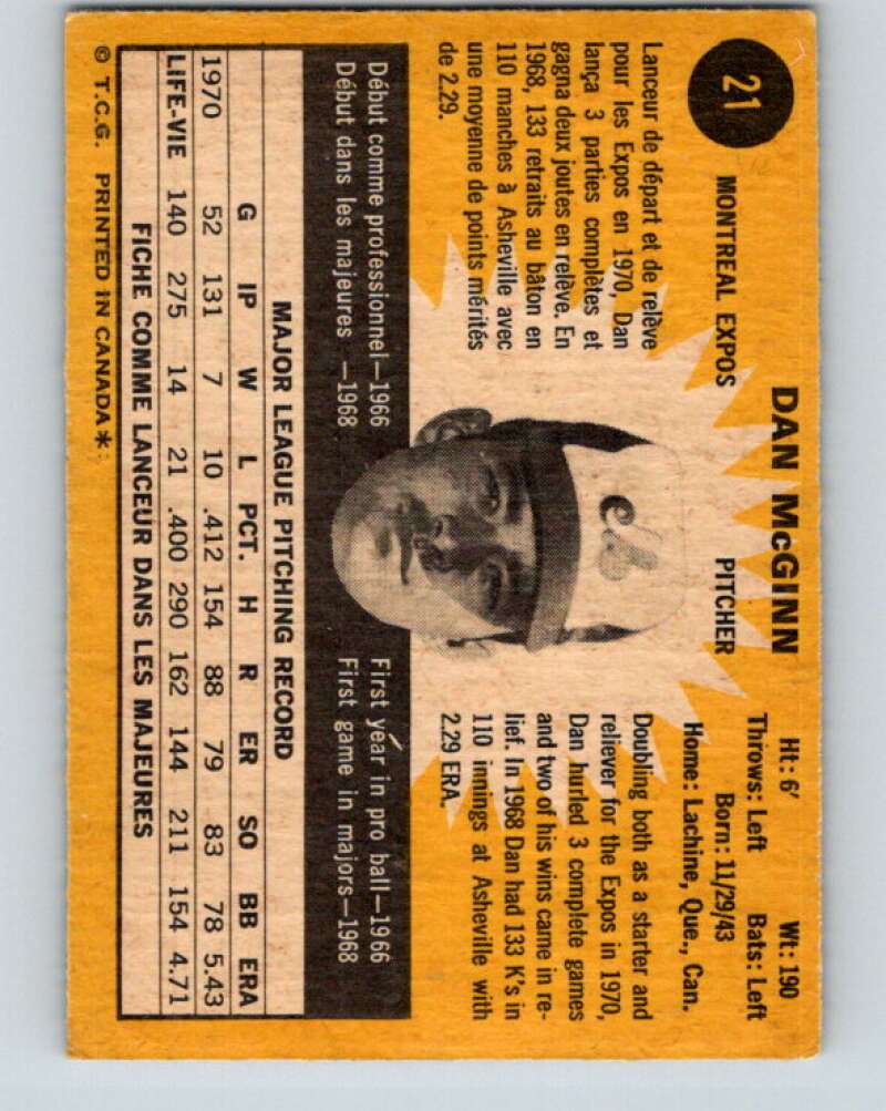 1971 O-Pee-Chee MLB #21 Dan McGinn� Montreal Expos� V10706