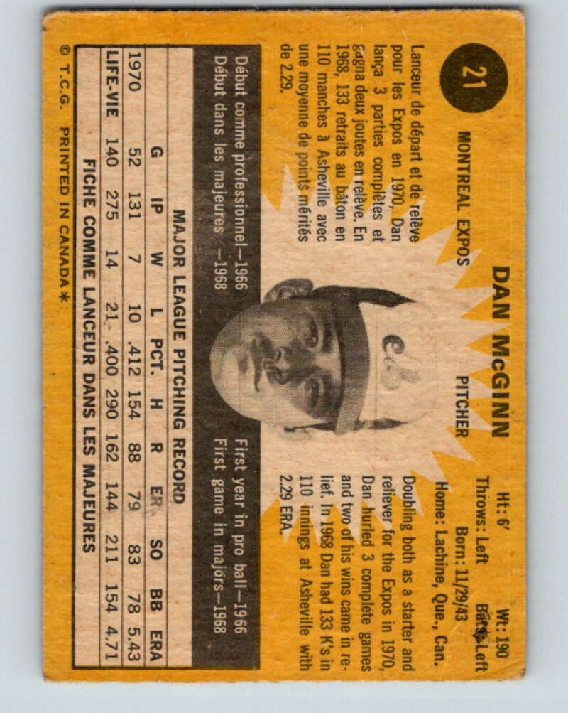 1971 O-Pee-Chee MLB #21 Dan McGinn� Montreal Expos� V10707