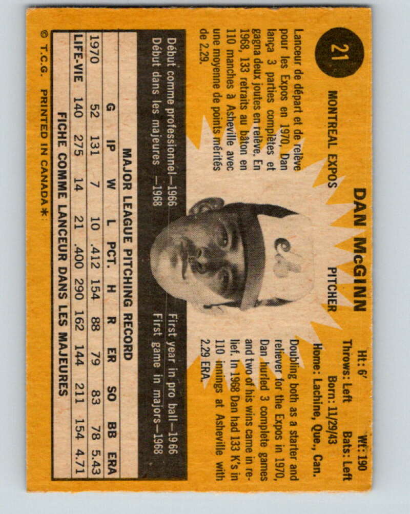 1971 O-Pee-Chee MLB #21 Dan McGinn� Montreal Expos� V10708