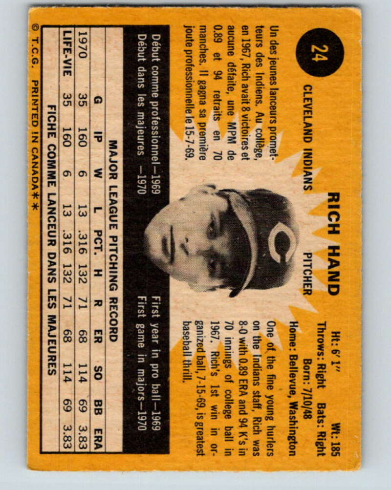1971 O-Pee-Chee MLB #24 Rich Hand� RC Rookie Cleveland Indians� V10710