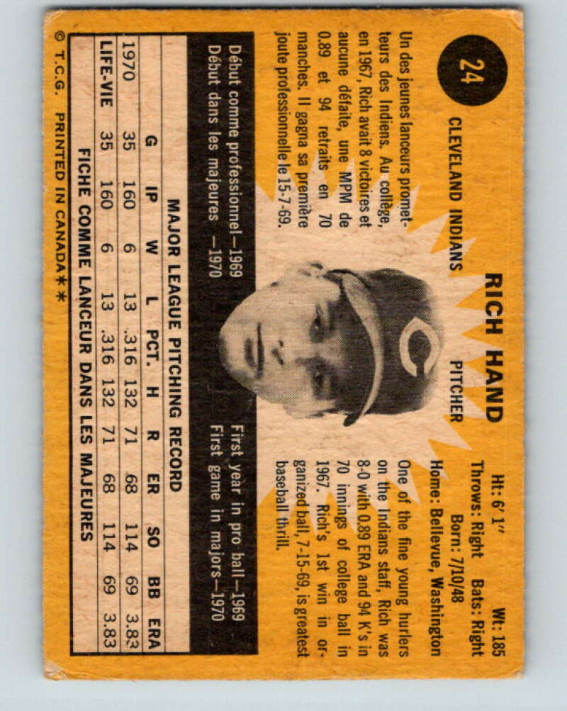1971 O-Pee-Chee MLB #24 Rich Hand� RC Rookie Cleveland Indians� V10711