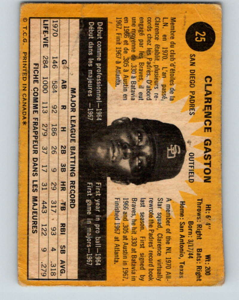 1971 O-Pee-Chee MLB #25 Clarence Gaston� San Diego Padres� V10712