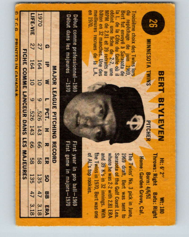1971 O-Pee-Chee MLB #26 Bert Blyleven� RC Rookie Minnesota Twins� V10713