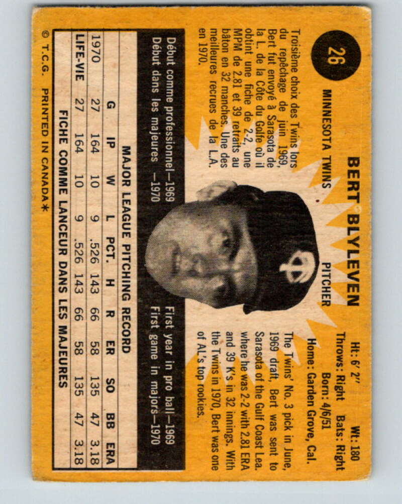 1971 O-Pee-Chee MLB #26 Bert Blyleven� RC Rookie Minnesota Twins� V10714