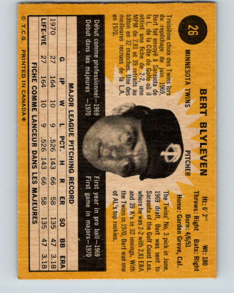 1971 O-Pee-Chee MLB #26 Bert Blyleven� RC Rookie Minnesota Twins� V10715