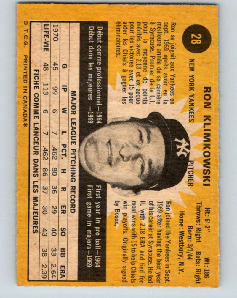 1971 O-Pee-Chee MLB #28 Ron Klimkowski� New York Yankees� V10717