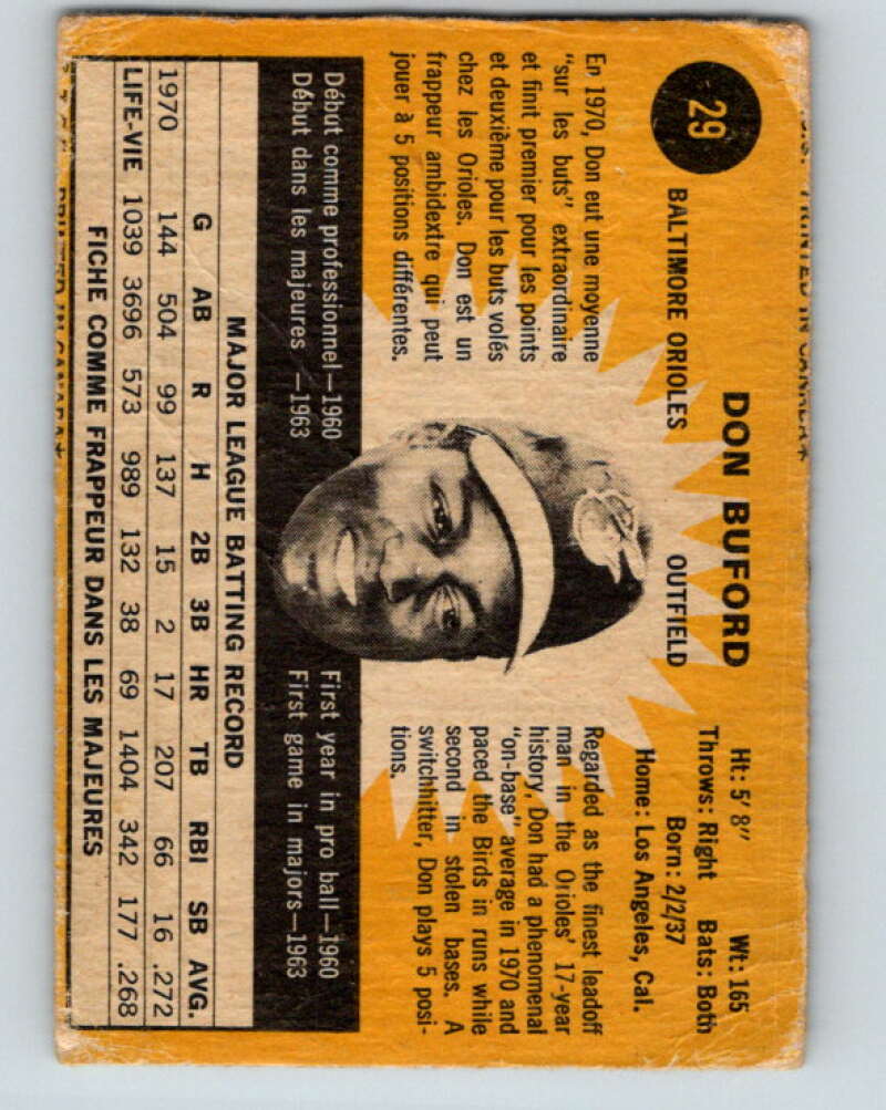 1971 O-Pee-Chee MLB #29 Don Buford� Baltimore Orioles� V10718