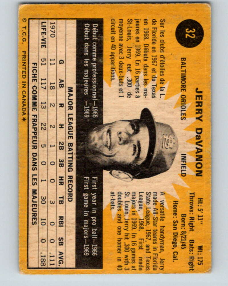 1971 O-Pee-Chee MLB #32 Jerry DaVanon� Baltimore Orioles� V10723
