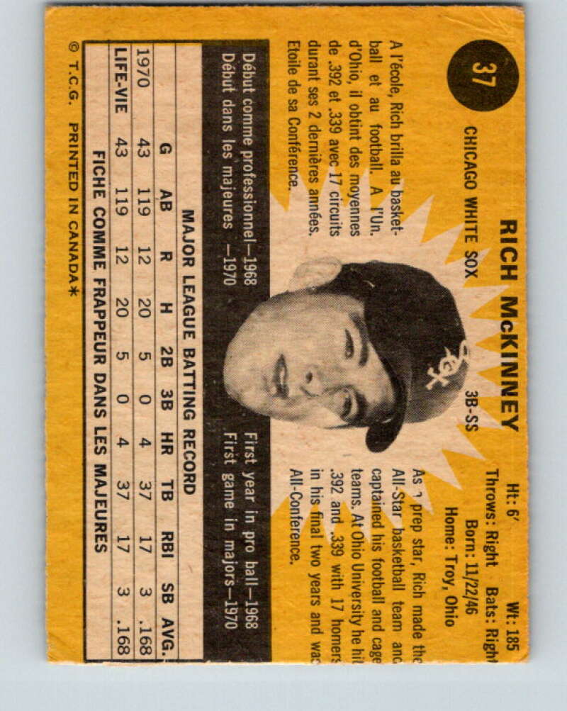1971 O-Pee-Chee MLB #37 Rich McKinney�RC Rookie Sox� V10729