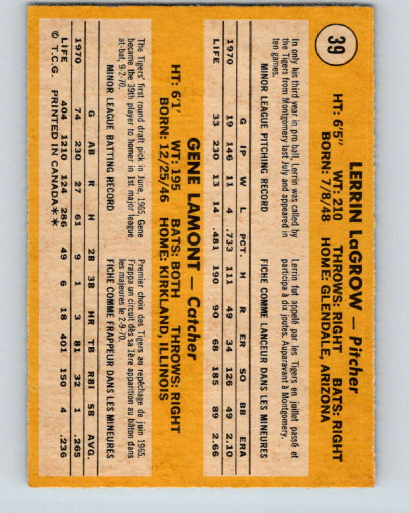 1971 O-Pee-Chee MLB #39 LaGrow/Lamont� RC Rookie Tigers� V10734