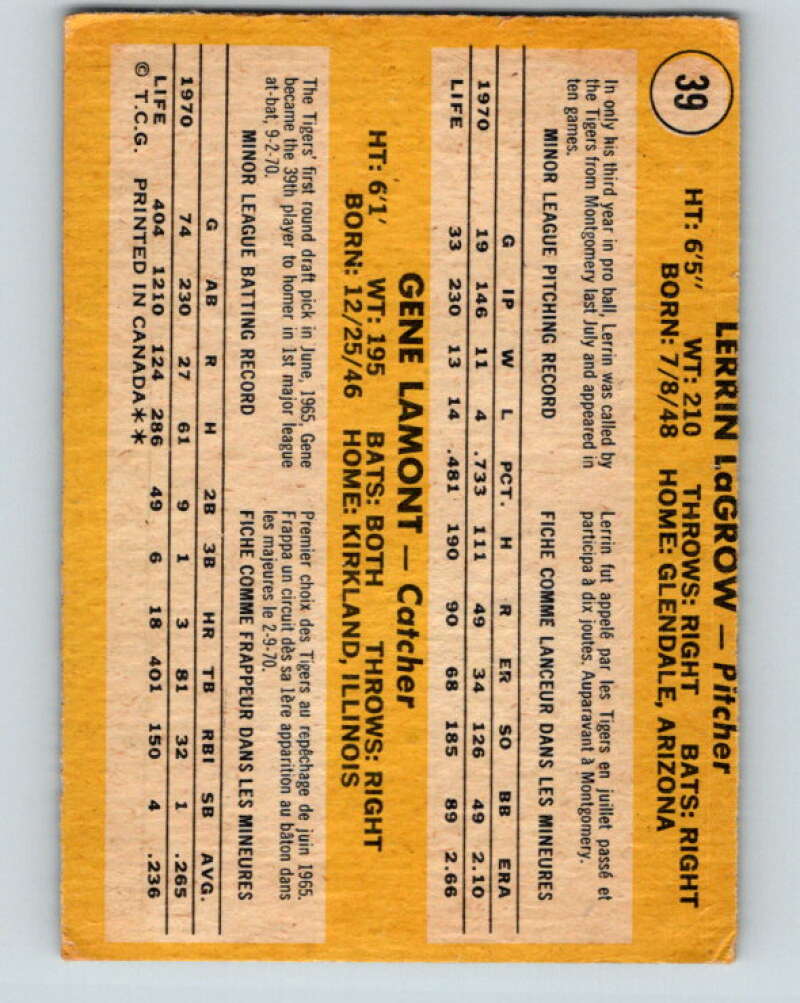 1971 O-Pee-Chee MLB #39 LaGrow/Lamont� RC Rookie Tigers� V10737