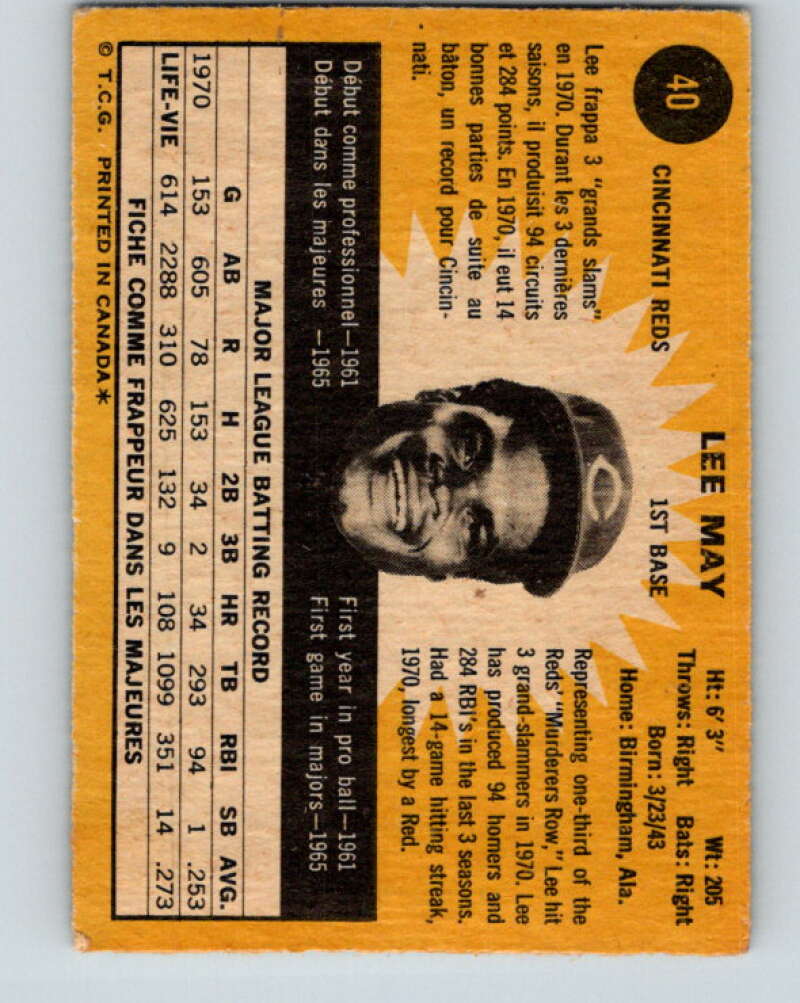 1971 O-Pee-Chee MLB #40 Lee May� Cincinnati Reds� V10739
