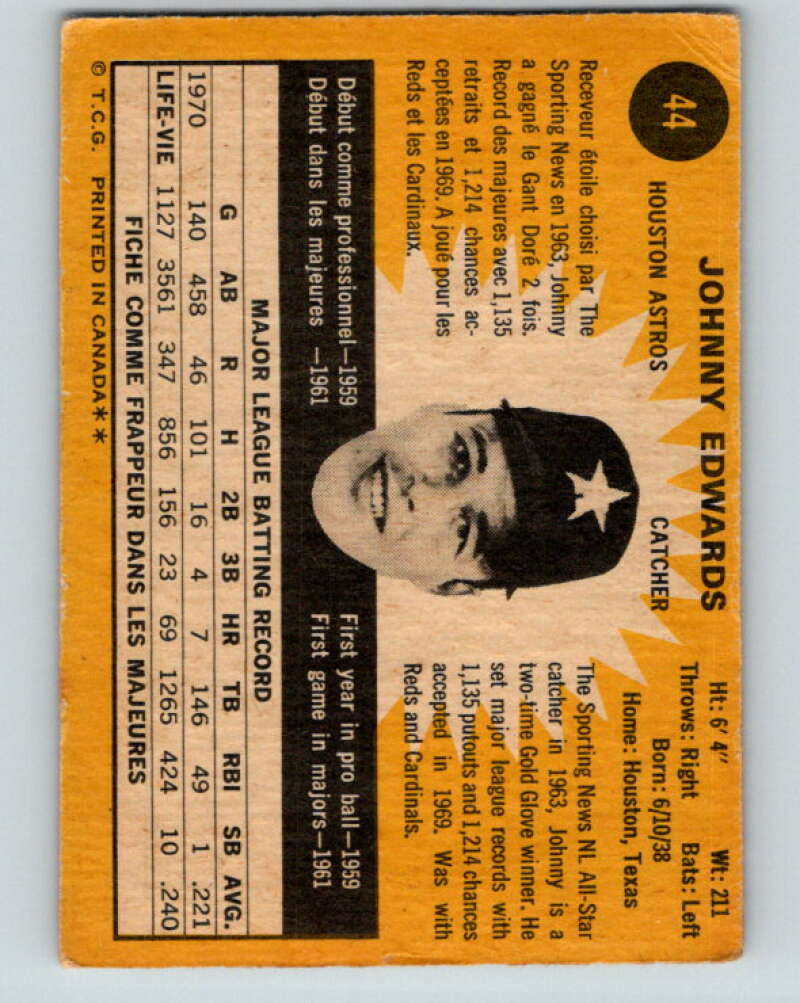 1971 O-Pee-Chee MLB #44 Johnny Edwards� Houston Astros� V10747