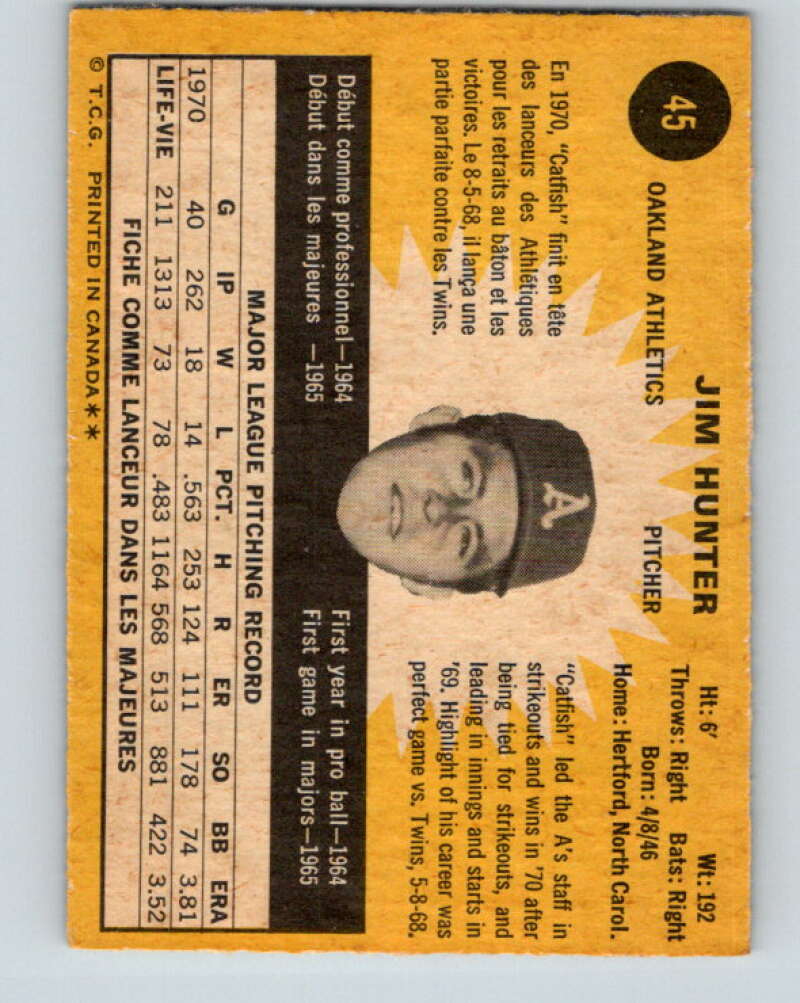 1971 O-Pee-Chee MLB #45 Jim Hunter� Oakland Athletics� V10749