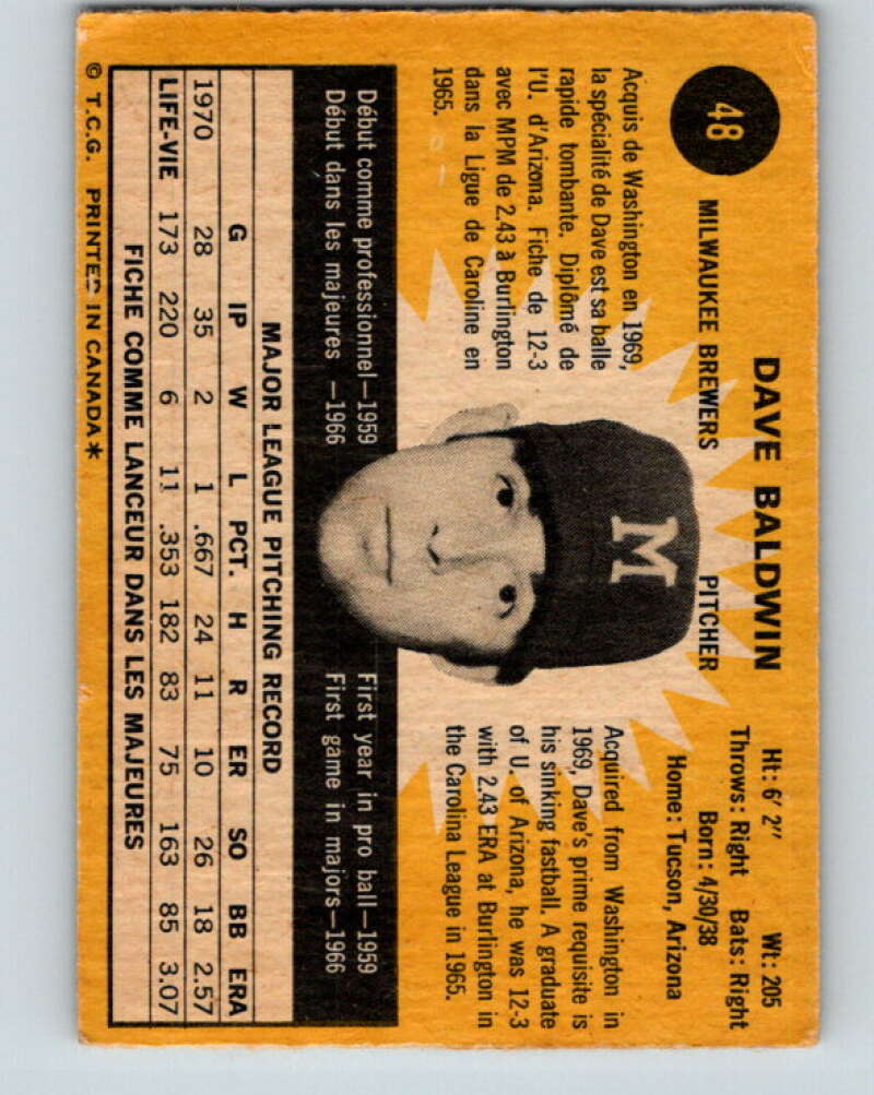 1971 O-Pee-Chee MLB #48 Dave Baldwin� Milwaukee Brewers� V10755