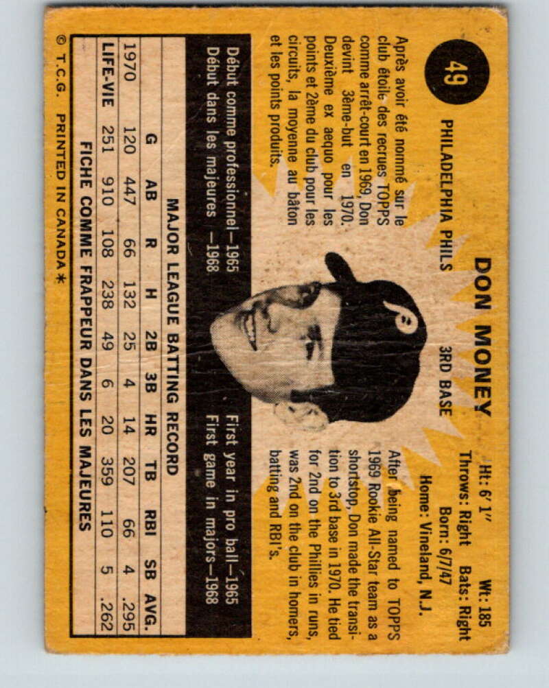 1971 O-Pee-Chee MLB #49 Don Money� Philadelphia Phillies� V10759
