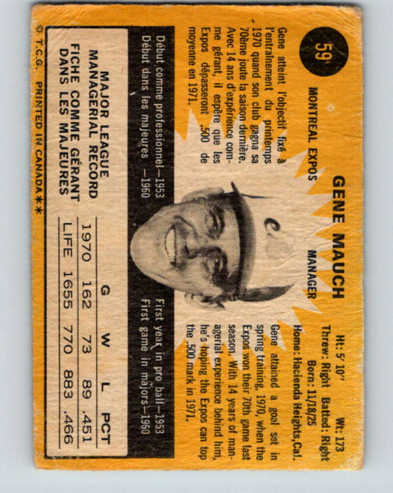 1971 O-Pee-Chee MLB #59 Gene Mauch� Montreal Expos� V10770