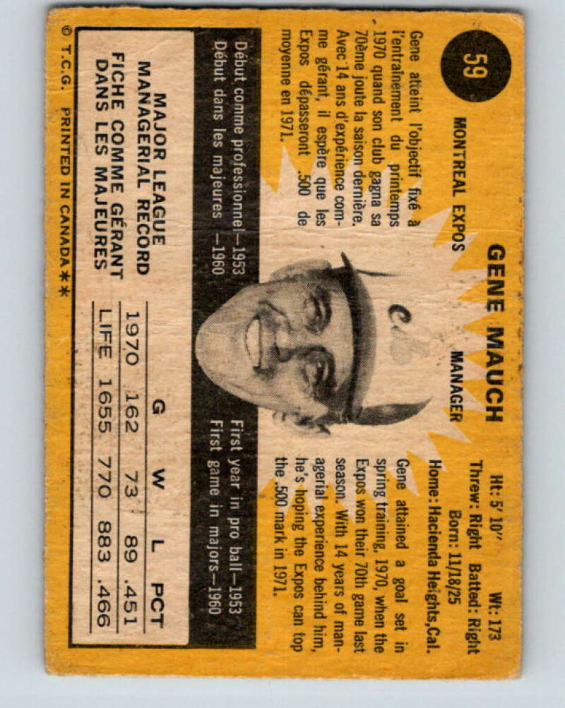 1971 O-Pee-Chee MLB #59 Gene Mauch� Montreal Expos� V10771