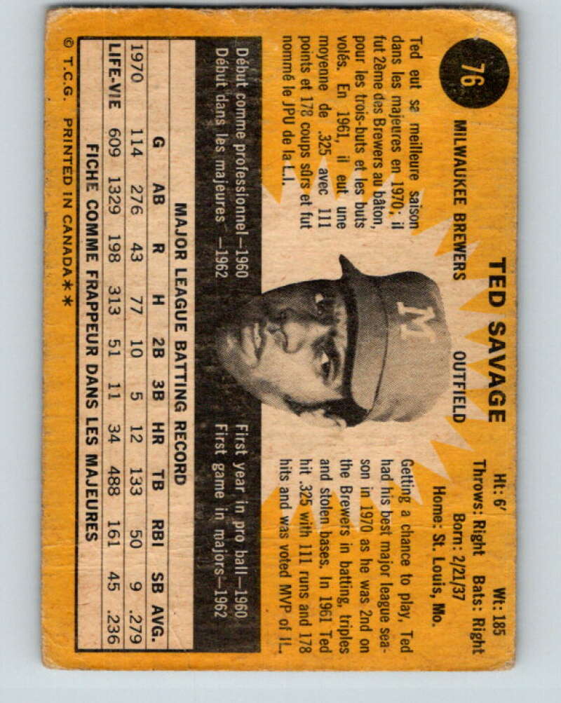 1971 O-Pee-Chee MLB #76 Ted Savage� Milwaukee Brewers� V10799