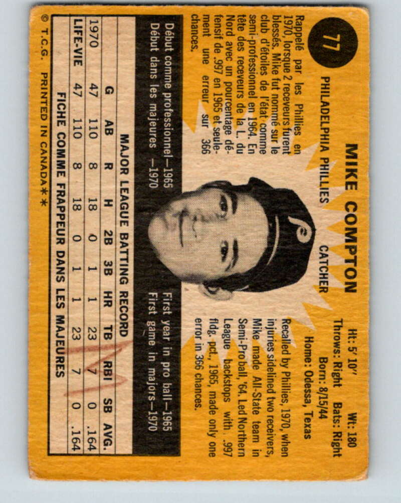 1971 O-Pee-Chee MLB #77 Mike Compton�RC Rookie Phillies� V10801