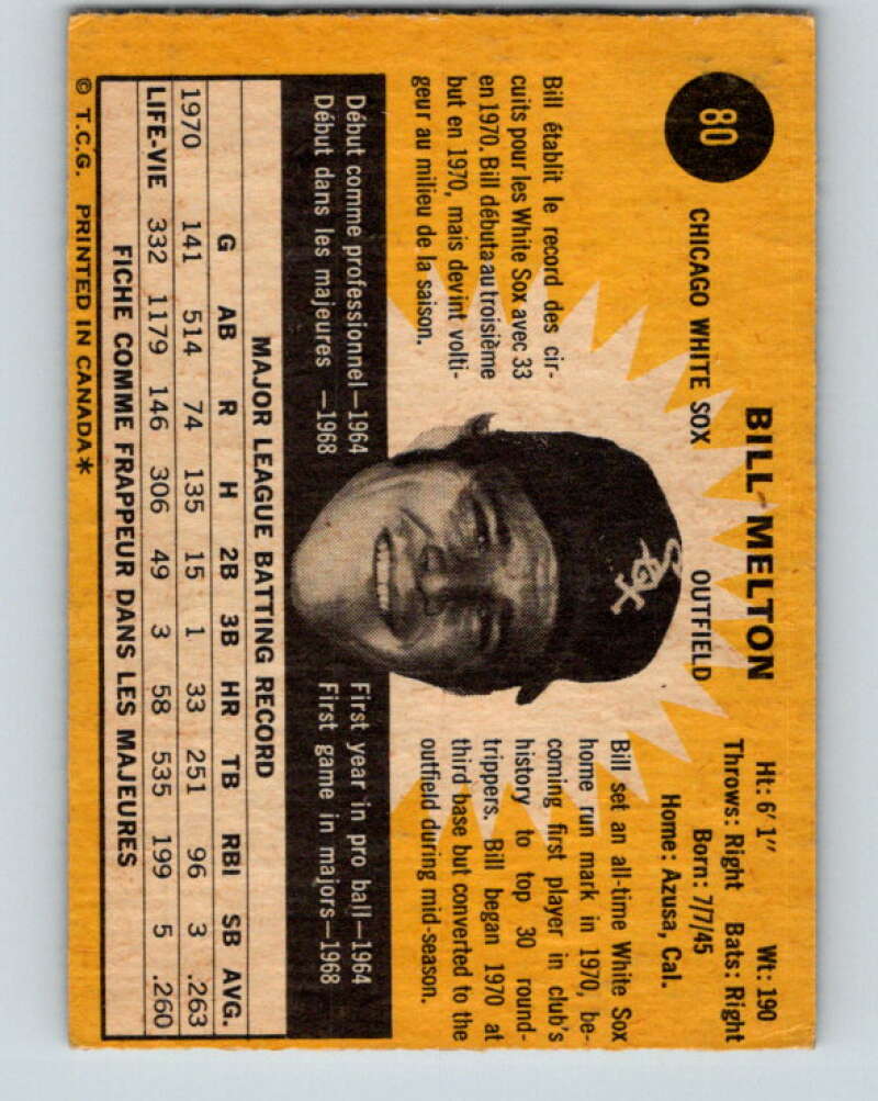 1971 O-Pee-Chee MLB #80 Bill Melton� Chicago White Sox� V10803