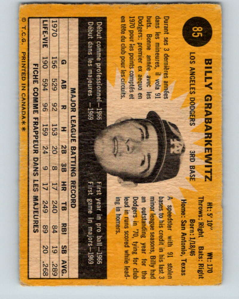 1971 O-Pee-Chee MLB #85 Billy Grabarkewitz� Los Angeles Dodgers� V10805