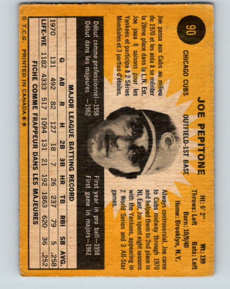 1971 O-Pee-Chee MLB #90 Joe Pepitone� Chicago Cubs� V10810