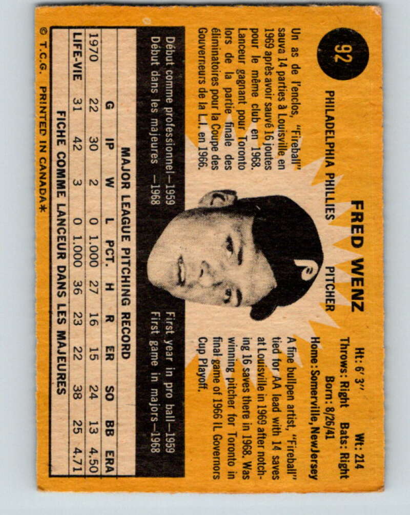 1971 O-Pee-Chee MLB #92 Fred Wenz� Philadelphia Phillies� V10815