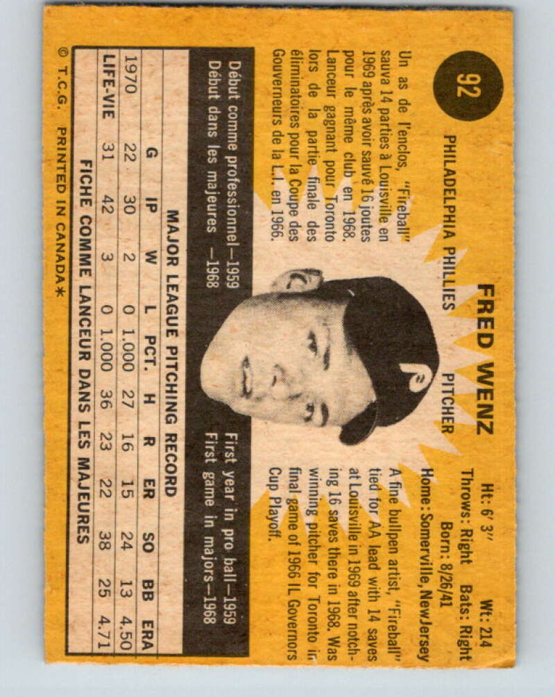 1971 O-Pee-Chee MLB #92 Fred Wenz� Philadelphia Phillies� V10816