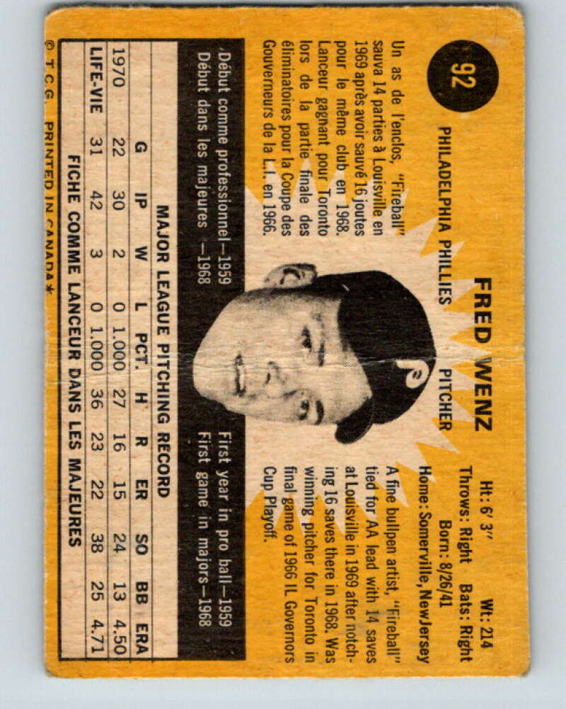 1971 O-Pee-Chee MLB #92 Fred Wenz� Philadelphia Phillies� V10818